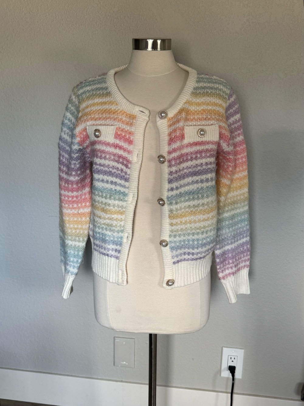 BiBi Pastel Rainbow Striped Cardigan – Size Medium